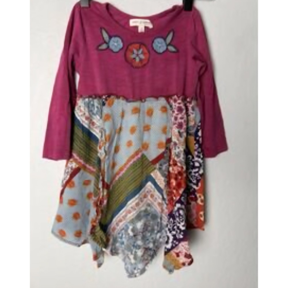Mimi & Maggie Girls 2T Handkerchief Dress Embroidered Patchwork Magenta Pink